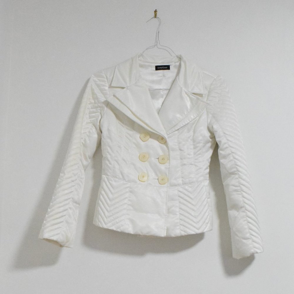 BEBE White Satin Double Breasted Corset Laced Quilted Down Puffer Jacket |Size S